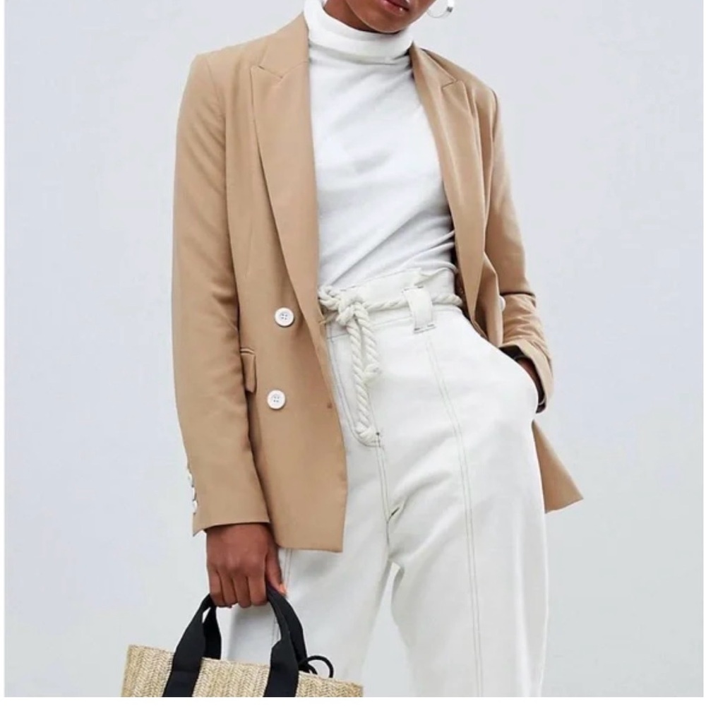 Bershka Women's Cream and Tan Jacket double breasted blazer Small